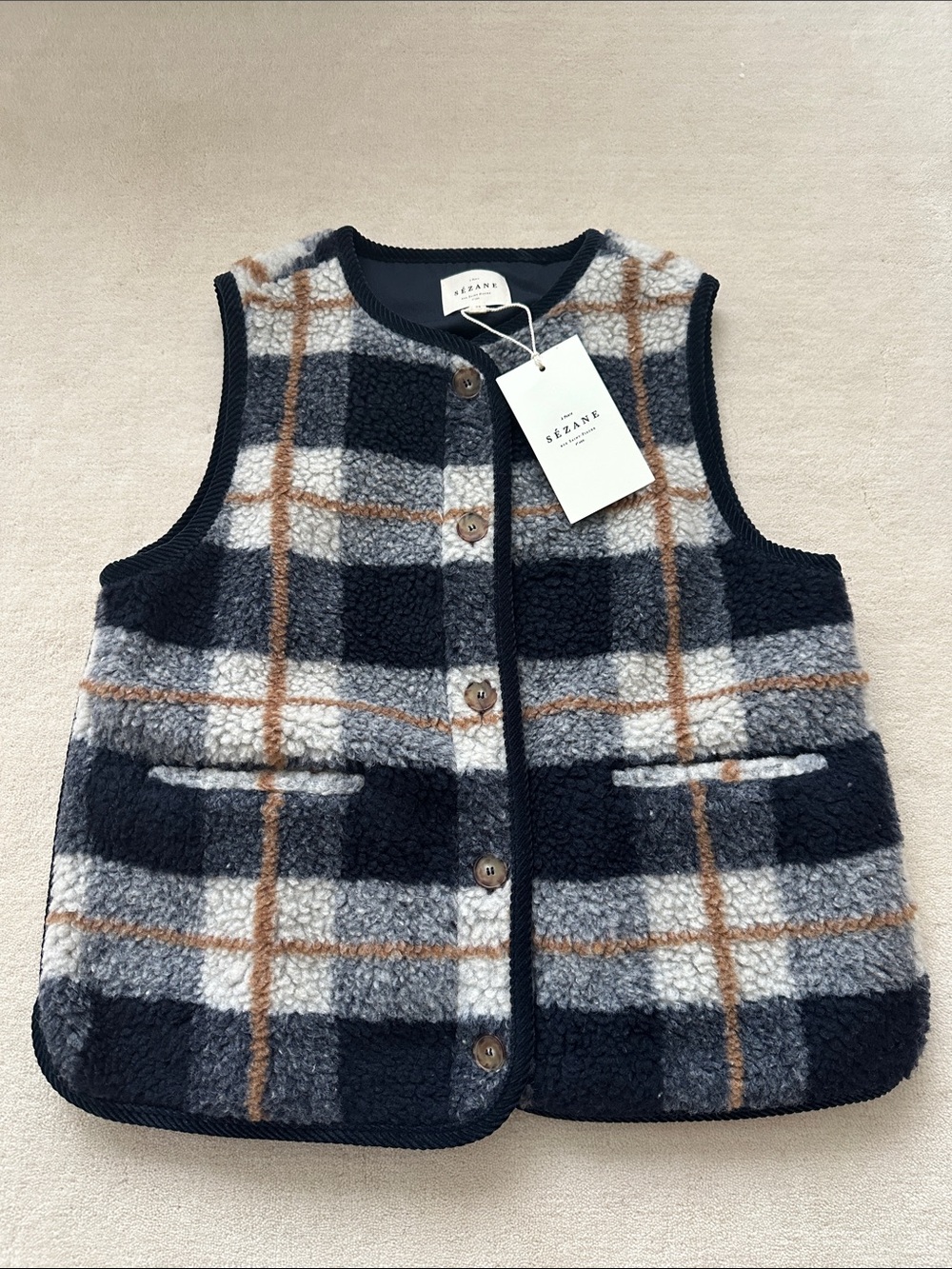 NWT Sezane Fred Navy Plaid Sherpa Vest 34